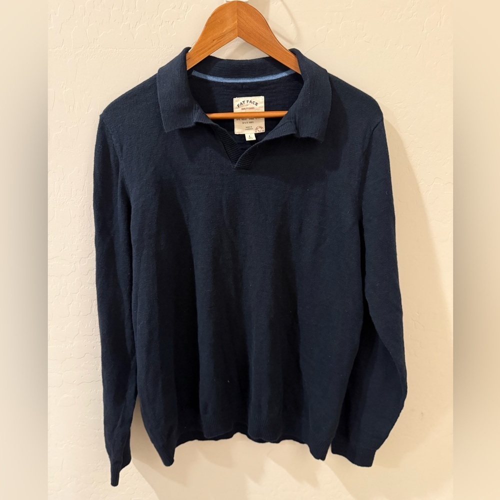 Fatface Men's Knitted Collared Pullover  Long Sleeve Navy Blue Size L